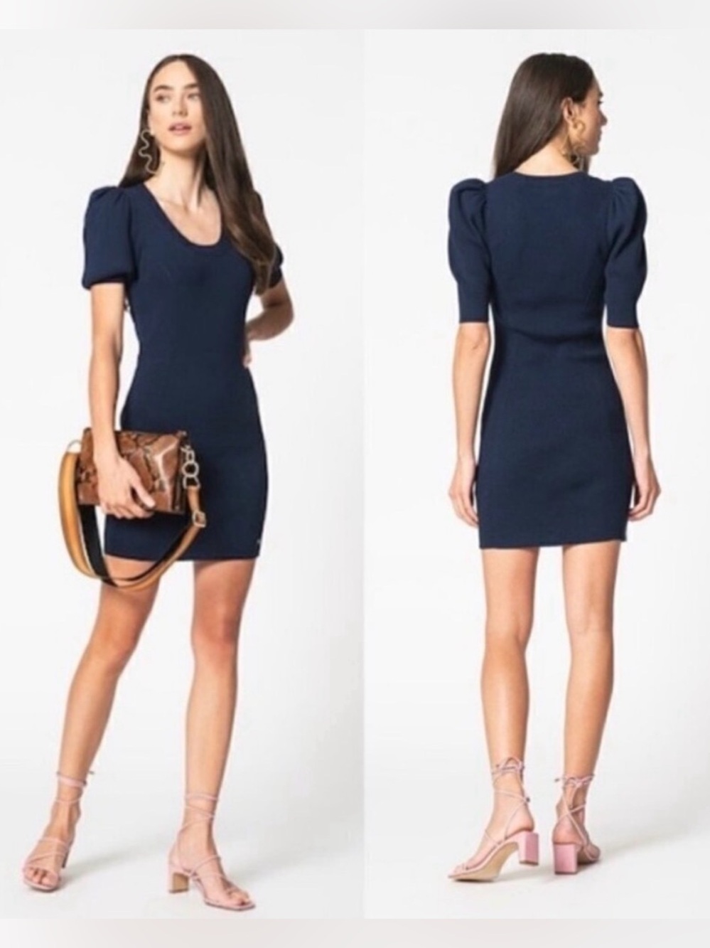 Ted Baker Dollra Puff Sleeve Scoop Neck Bodycon Knit Dress Dark Blue Navy Size 4